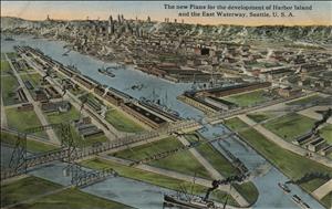 A postcard depicting a green island with harbor piers and roads crisscrossing it connected by bridge to a city with the sun rising behind it. 